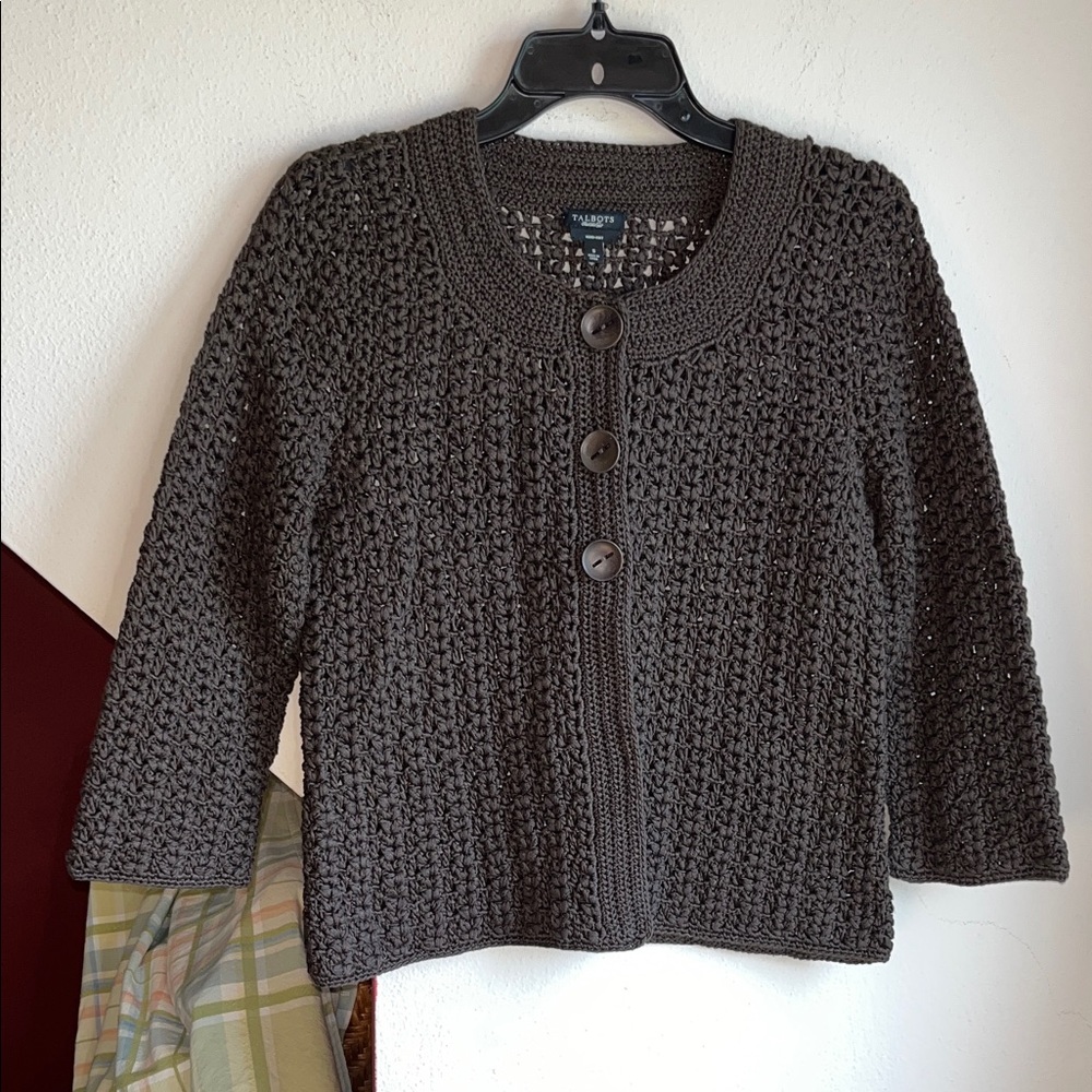 Talbots Chocolate Brown Hand Knit 3 Button Round Neck‎ Cardigan S